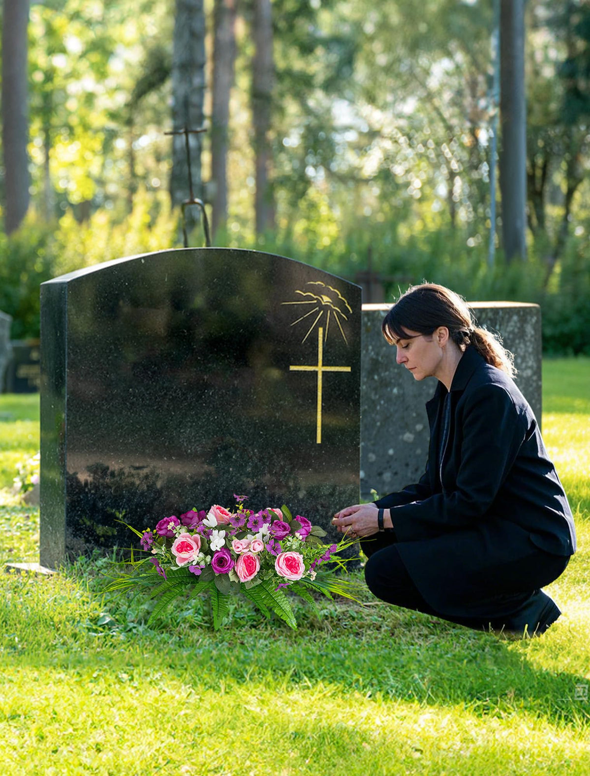 Memobloom pink peonies offer soft color and low maintenance gravestone decor.