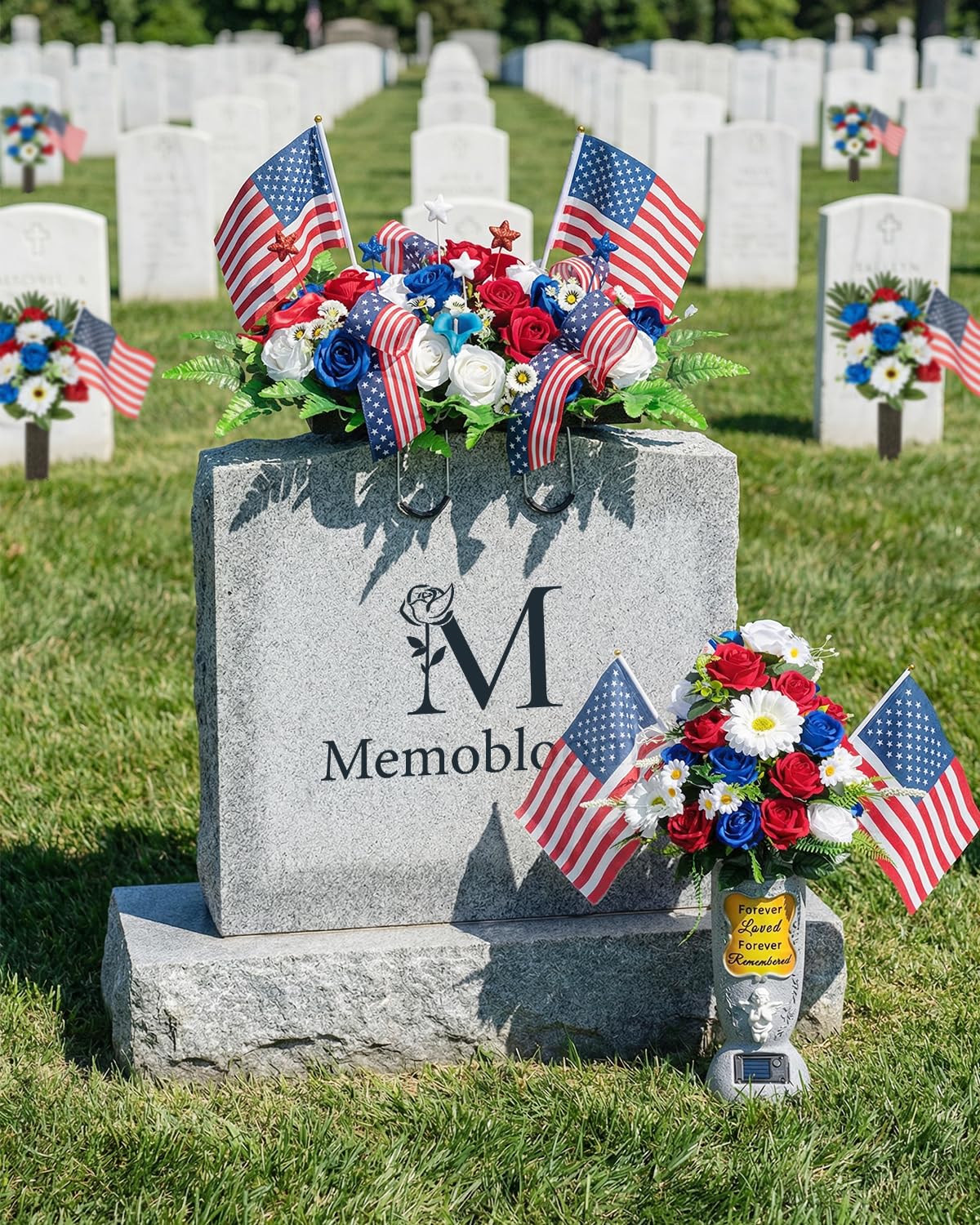 Pre-attached foam bases on Memobloom stems enable quick, secure cemetery placement.