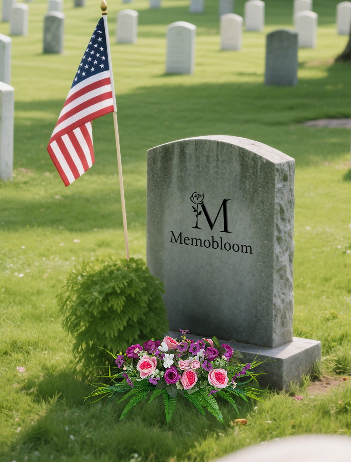 Memobloom purple roses highlight a tranquil, long-lasting grave tribute.