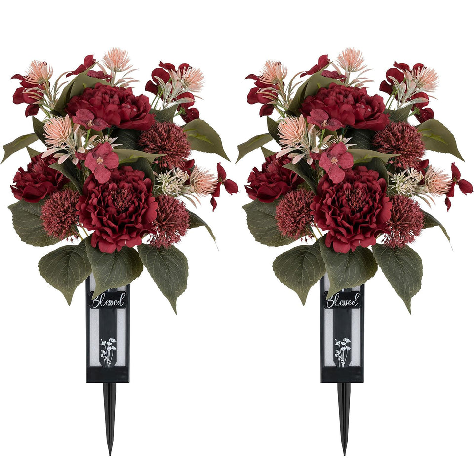 Memobloom red cemetery flowers with burgundy peonies adorns the grave for lasting seasonal display.