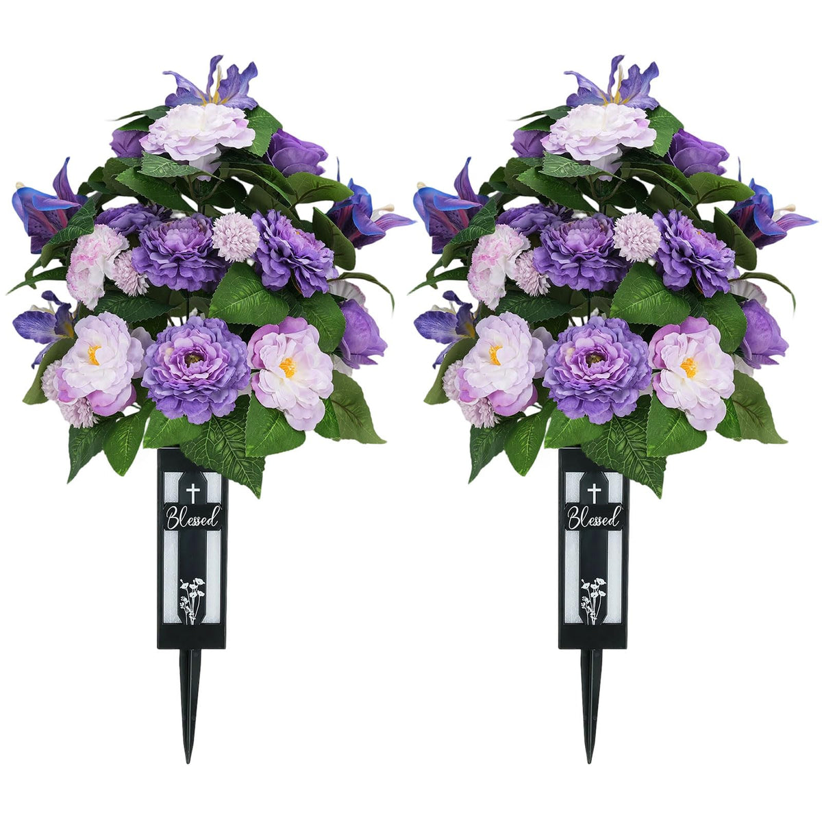 Memobloom silk grave flowers purple camellias bouquet for graveside remembrance