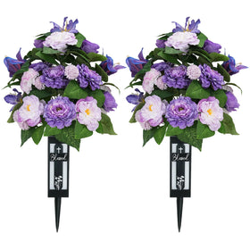 Memobloom silk grave flowers purple camellias bouquet for graveside remembrance