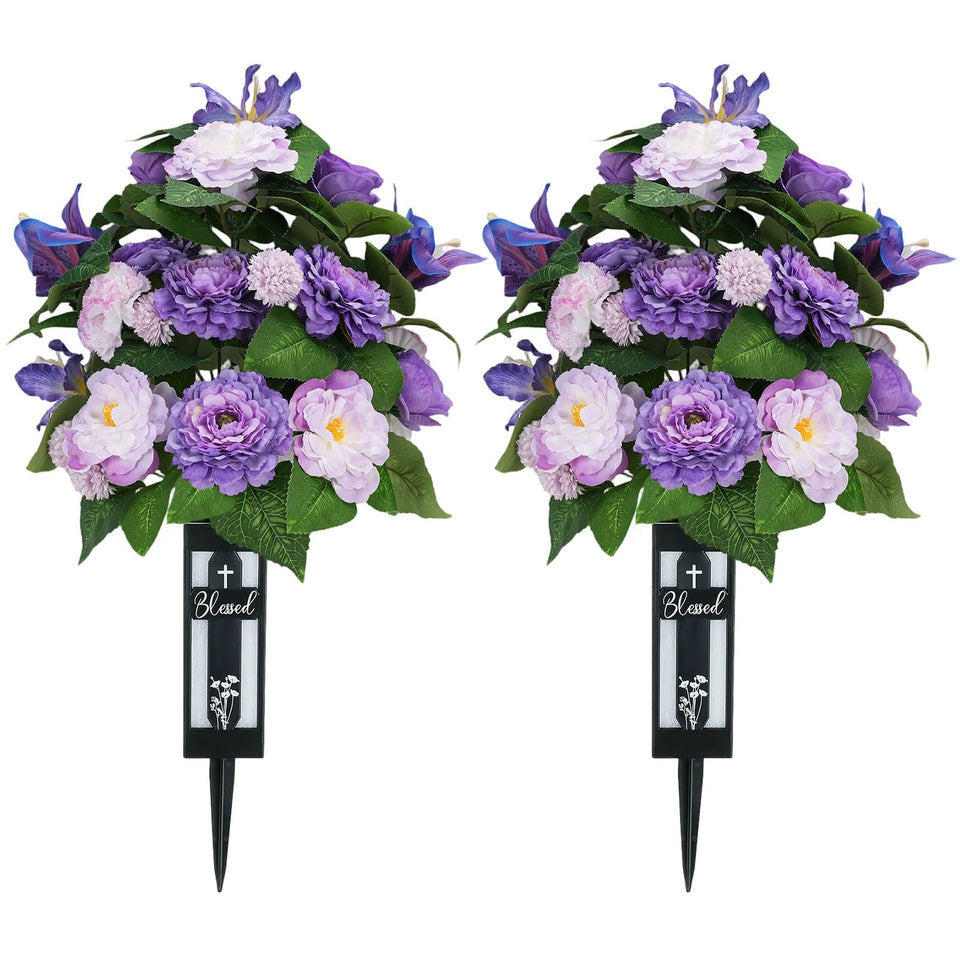 Memobloom silk grave flowers purple camellias bouquet for graveside remembrance