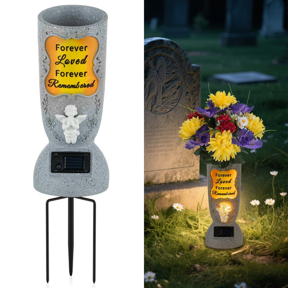 Memobloom solar cemetery grave vase with angel for serene nighttime memorials