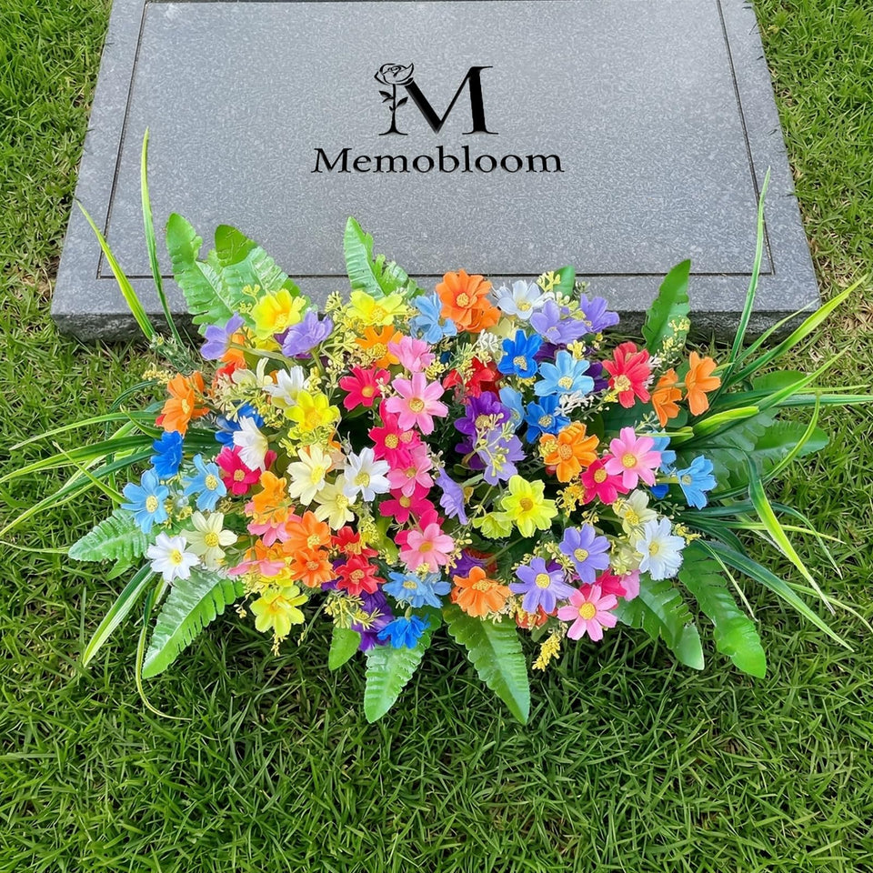 Memobloom spring wildflowers on grave with stakes for durable outdoor display