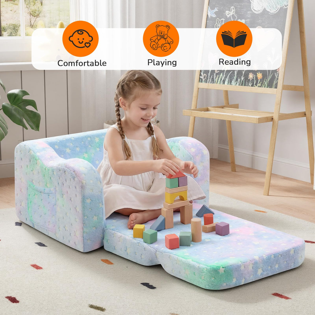 MeMoreCool 2-in-1 foldable kids couch transitions from chair to lounge