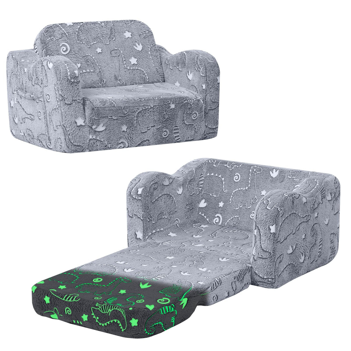 MeMoreCool glow-dinosaur couch folds into a cozy chair for kids.