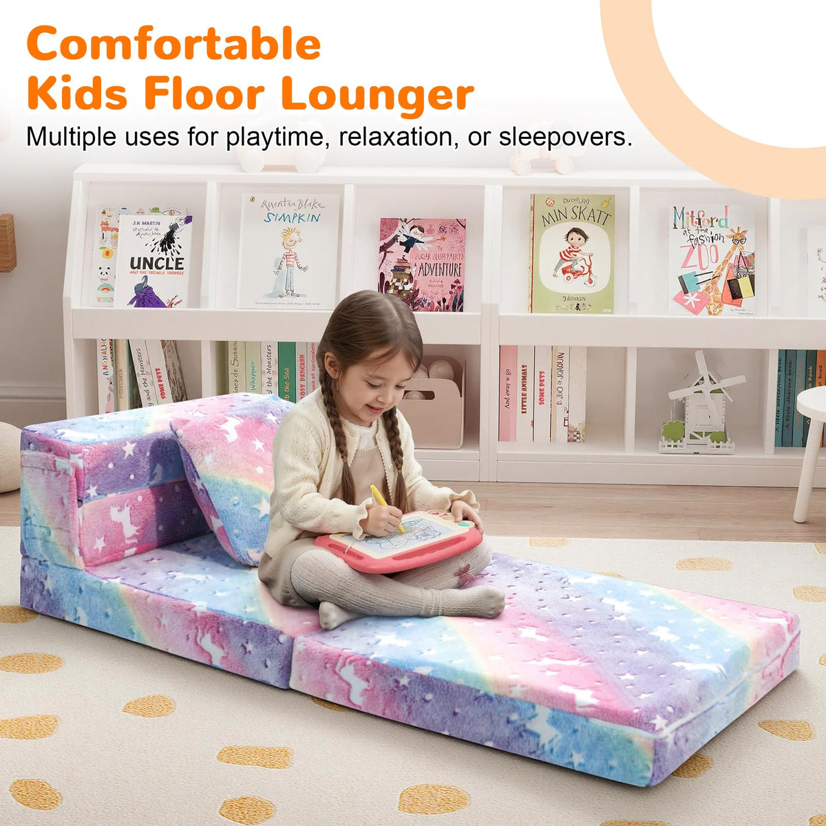 MeMoreCool Glow Rainbow Unicorn glow-in-dark fabric adds playful ambiance.