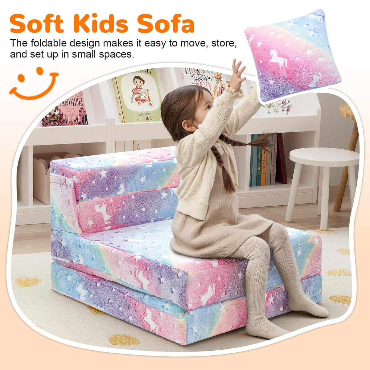 MeMoreCool Glow Rainbow Unicorn foldable mattress becomes a cozy floor lounger.