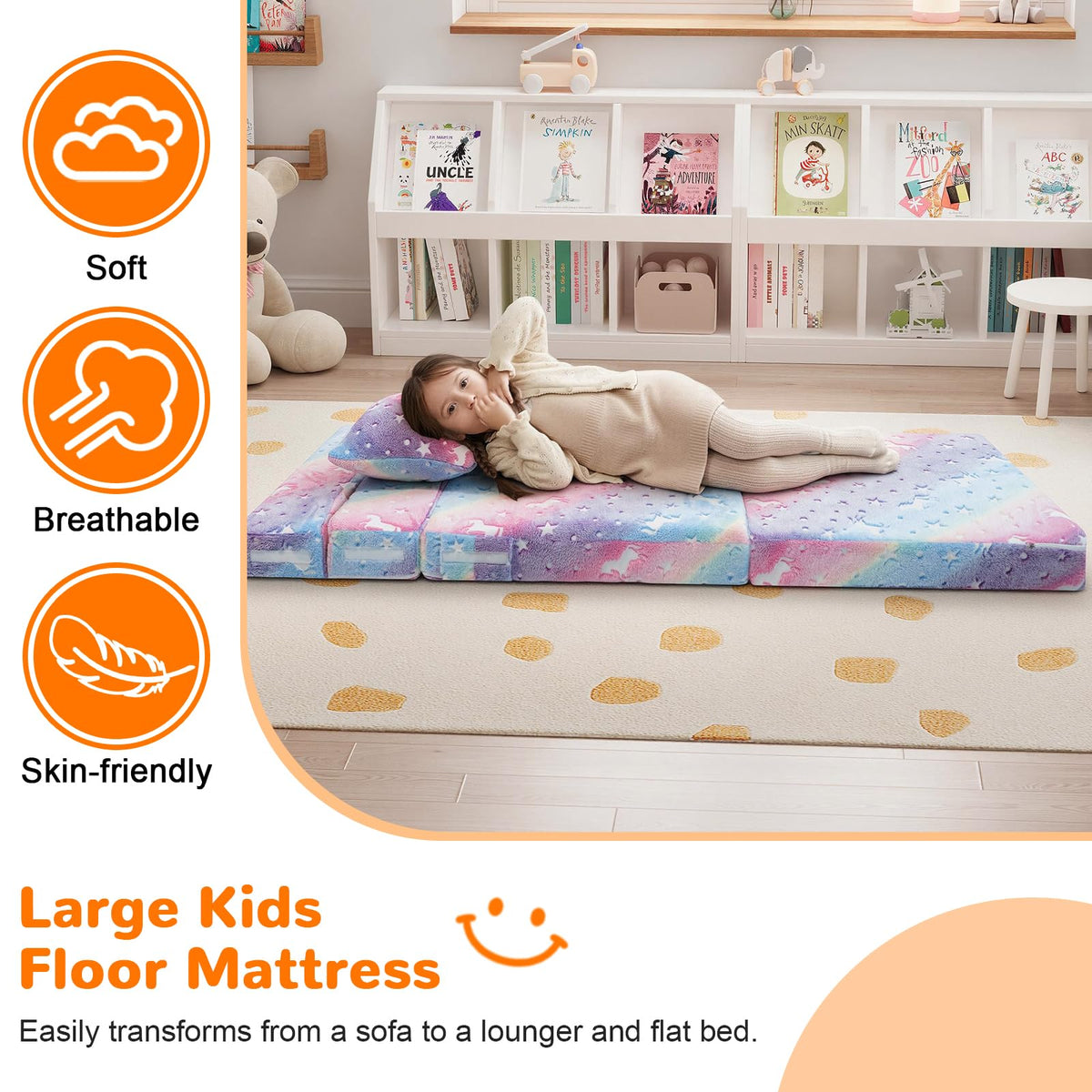 MeMoreCool Glow Rainbow Unicorn tri-fold sofa bed supports comfy play and sleepovers.