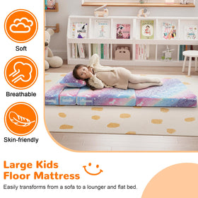 MeMoreCool Glow Rainbow Unicorn tri-fold sofa bed supports comfy play and sleepovers.