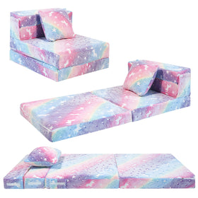 MeMoreCool Glow Rainbow Unicorn tri-fold sofa bed for kids, versatile play space.