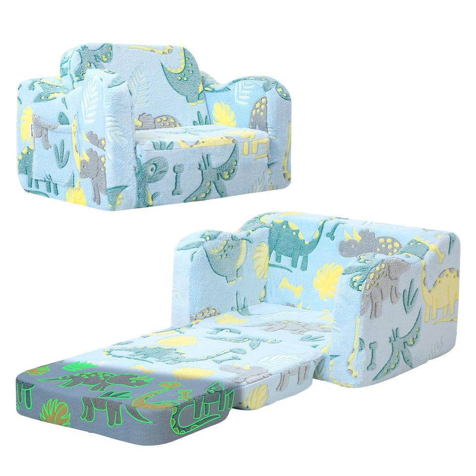 MeMoreCool glowing dinosaur chair in sky blue glows softly for bedtime reading