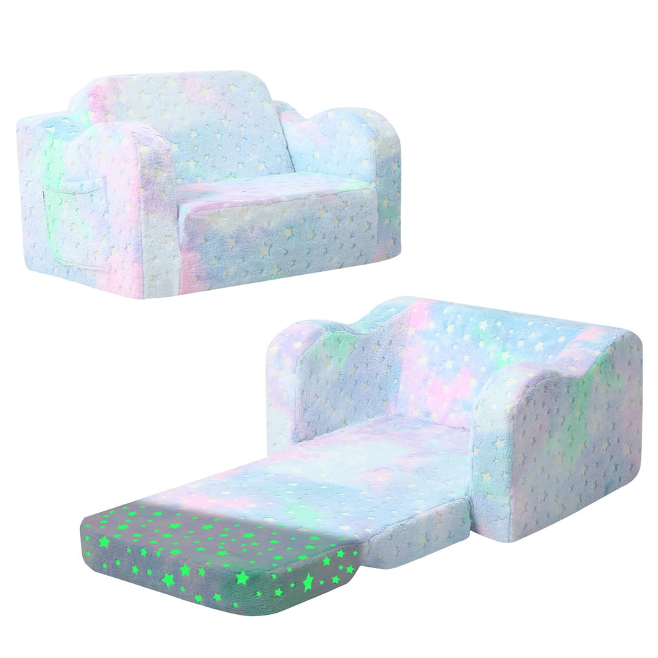 MeMoreCool glowing pastel rainbow kids chair shines with glow stars for quiet story time