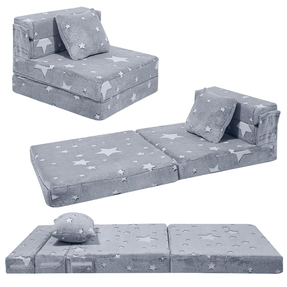 MeMoreCool Glow Star pattern on the kids tri-fold sofa bed creates cozy playtime ambiance.