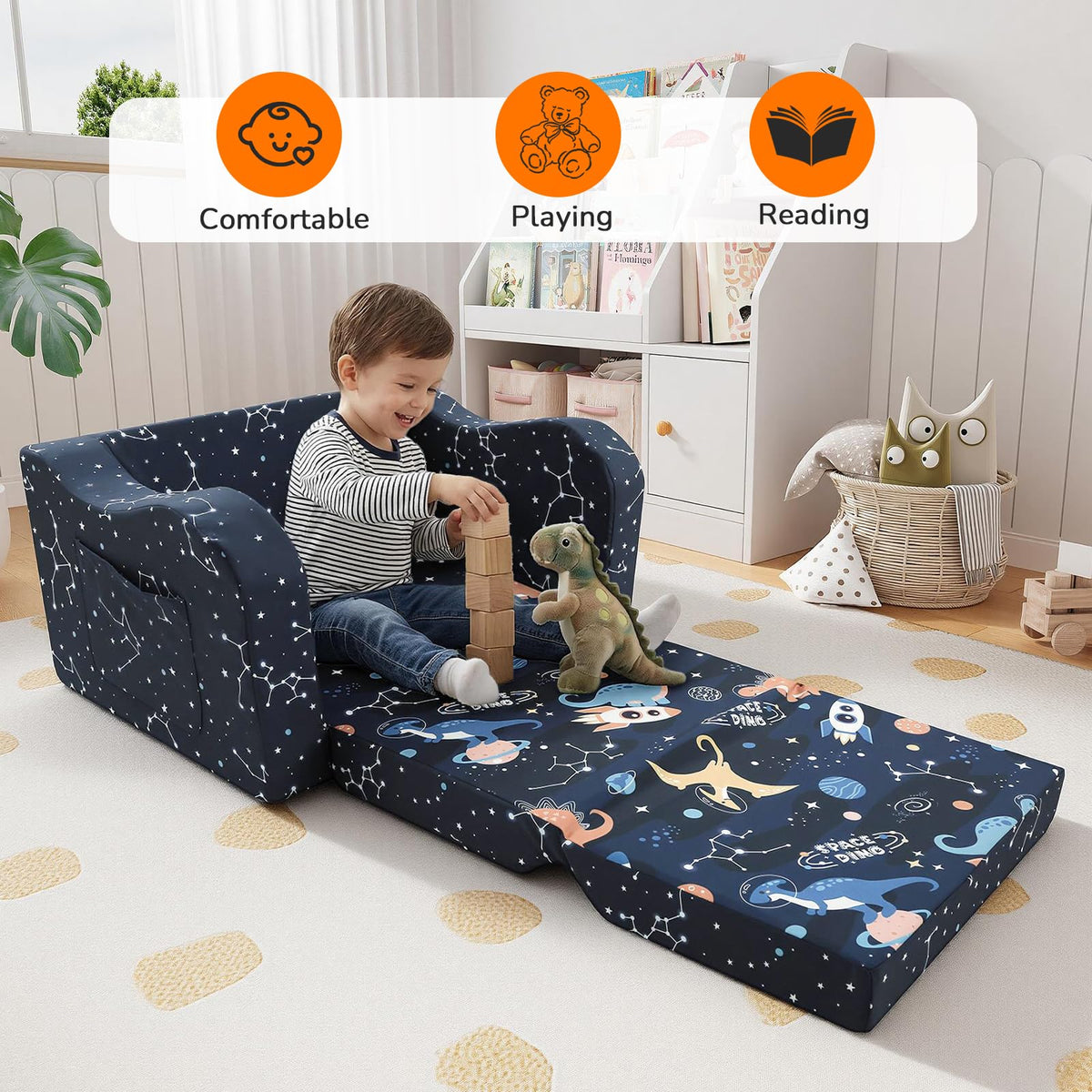 MeMoreCool toddler couch lounger setup expanding for comfy naps and quiet time.