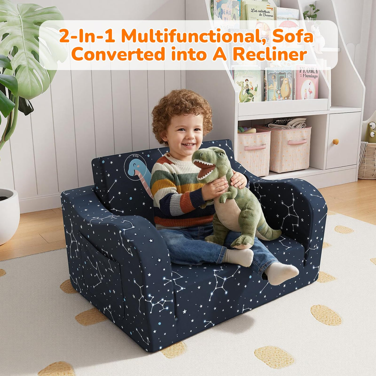 MeMoreCool toddler couch side pocket holds small books and toys.