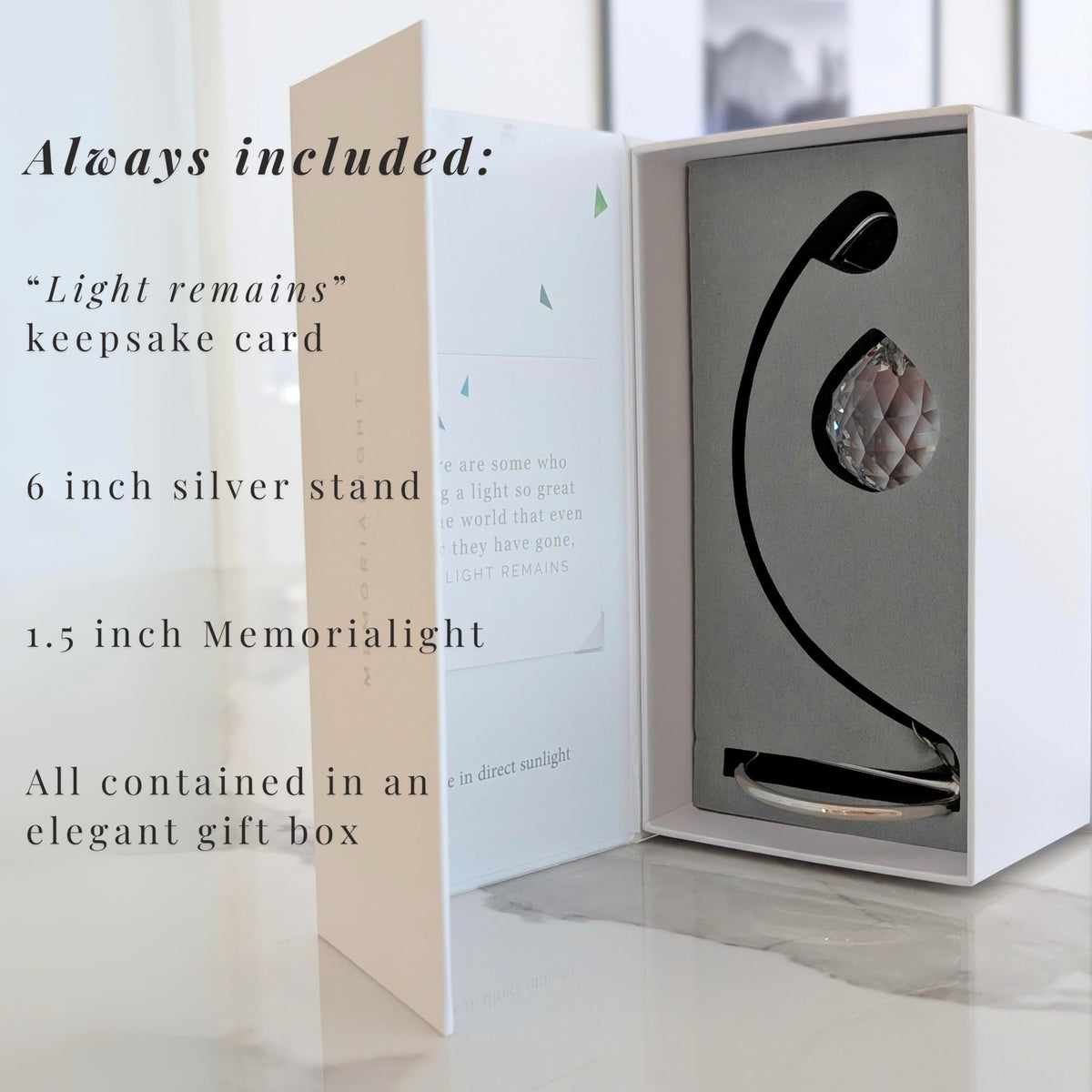 Memorialight 6-inch silver stand elevating the crystal for display