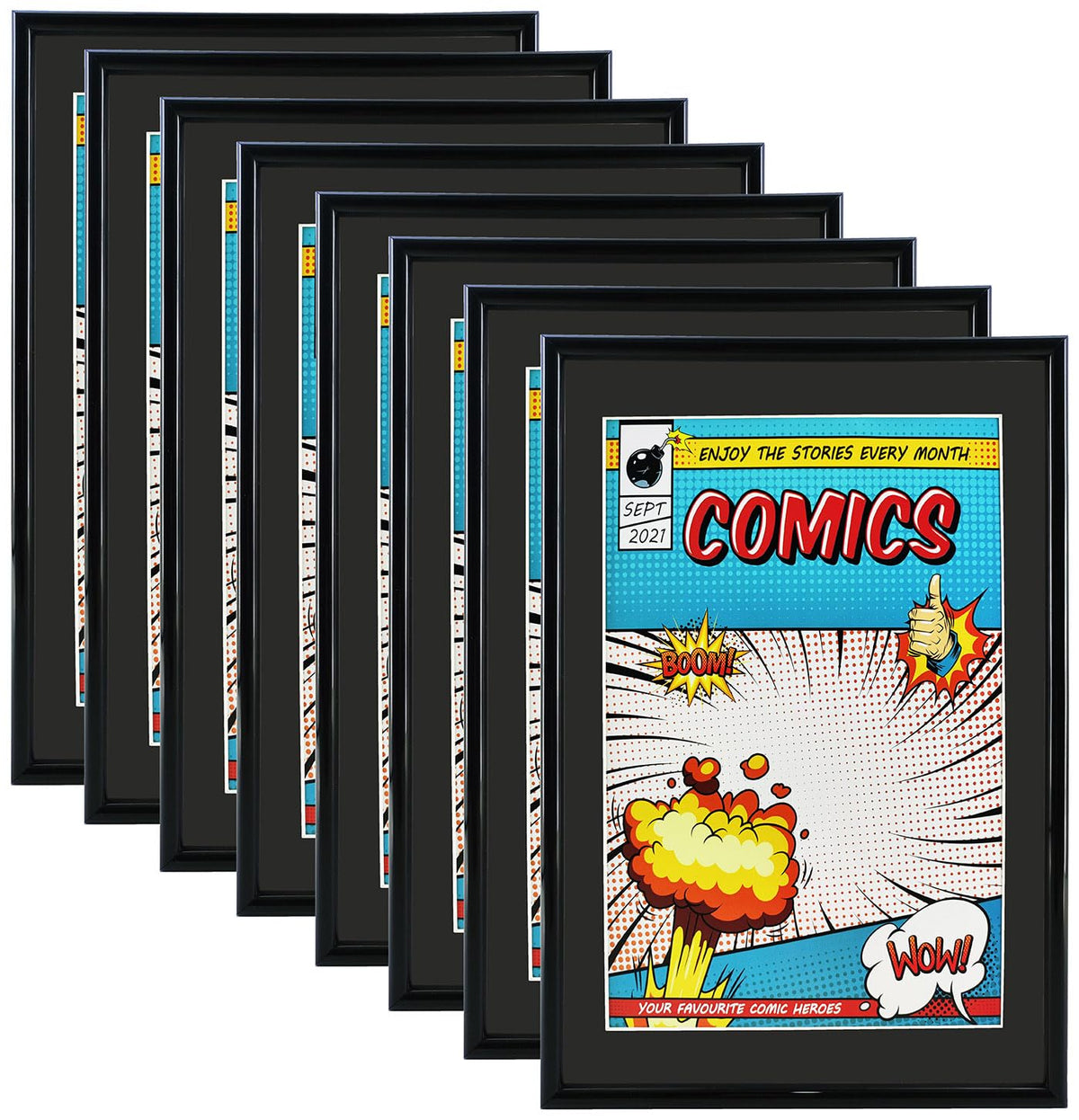 Memory Keeper comic frame 8-pack front view with black mat for stylish wall display.
