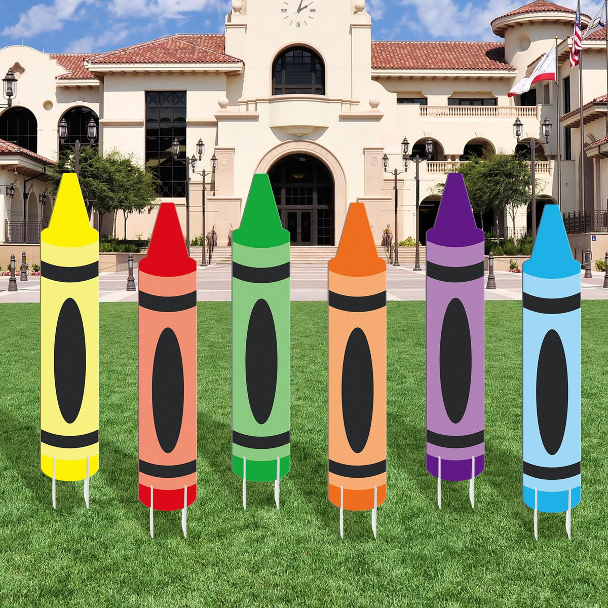 Memorywuu crayon yard sign six-pack for back-to-school celebrations.