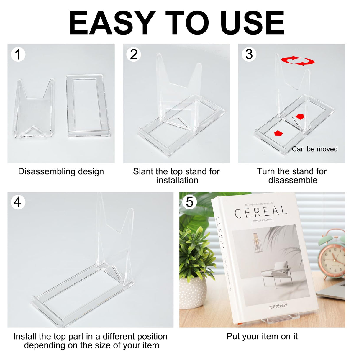 Memorywuu display stand supports books, photos, and art with easy access