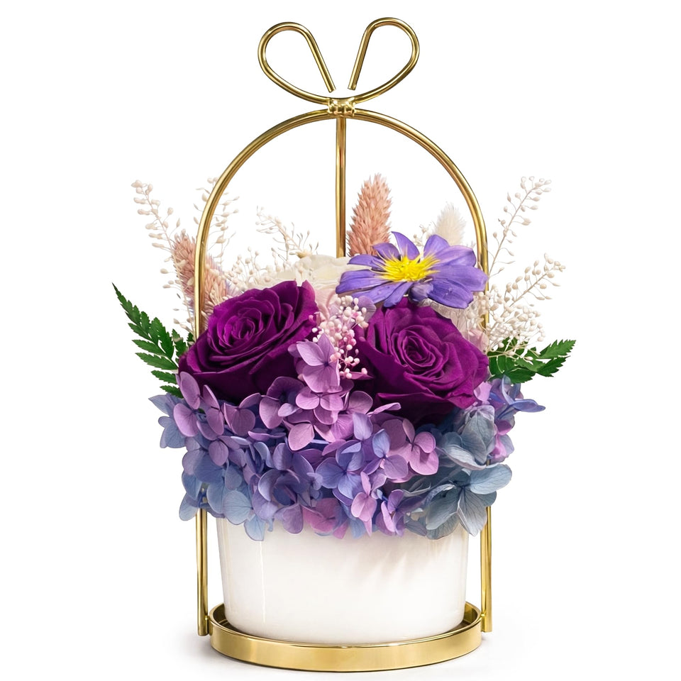 MENANA purple roses and hydrangeas in a ceramic pot for timeless beauty at home.