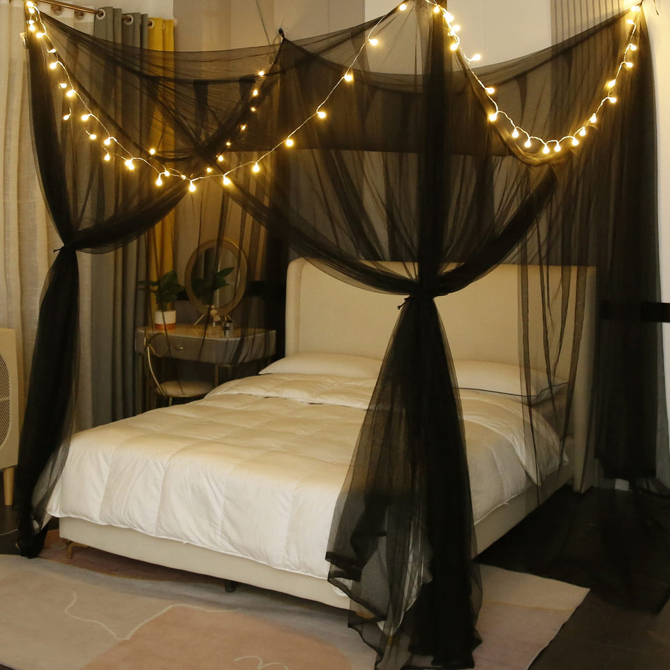 Mengersi canopy bed curtains with lights create romantic bedroom ambiance.
