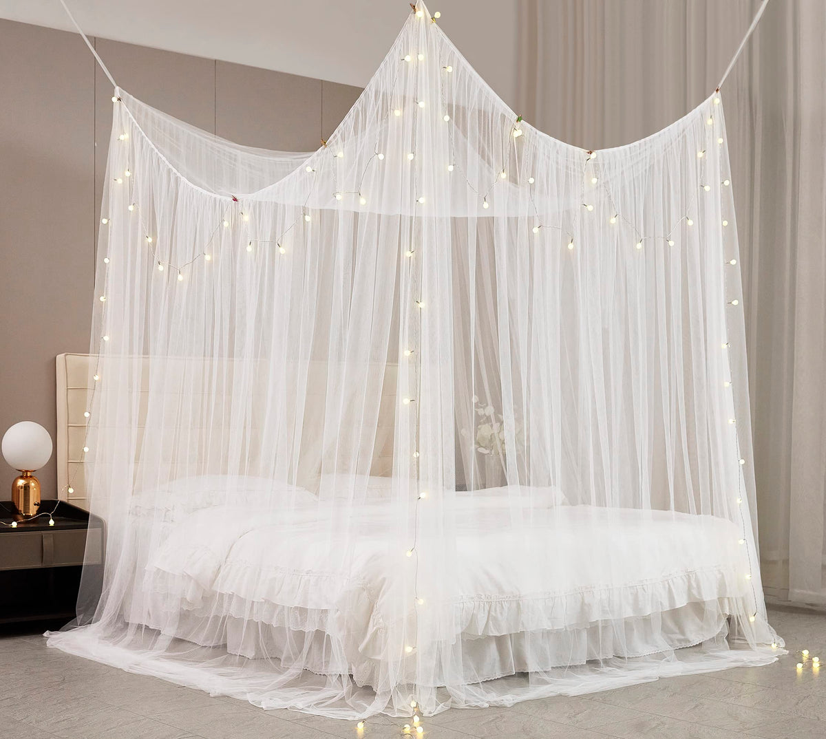 Mengersi canopy ribbons and hanging hooks for simple, versatile installation.