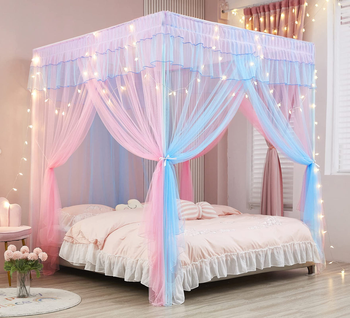Mengersi rainbow canopy with lights creates dreamy bedtime ambiance