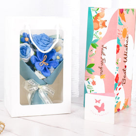 MengxFly crochet flower bouquet blue calla-bloom-detail shows refined craftsmanship.