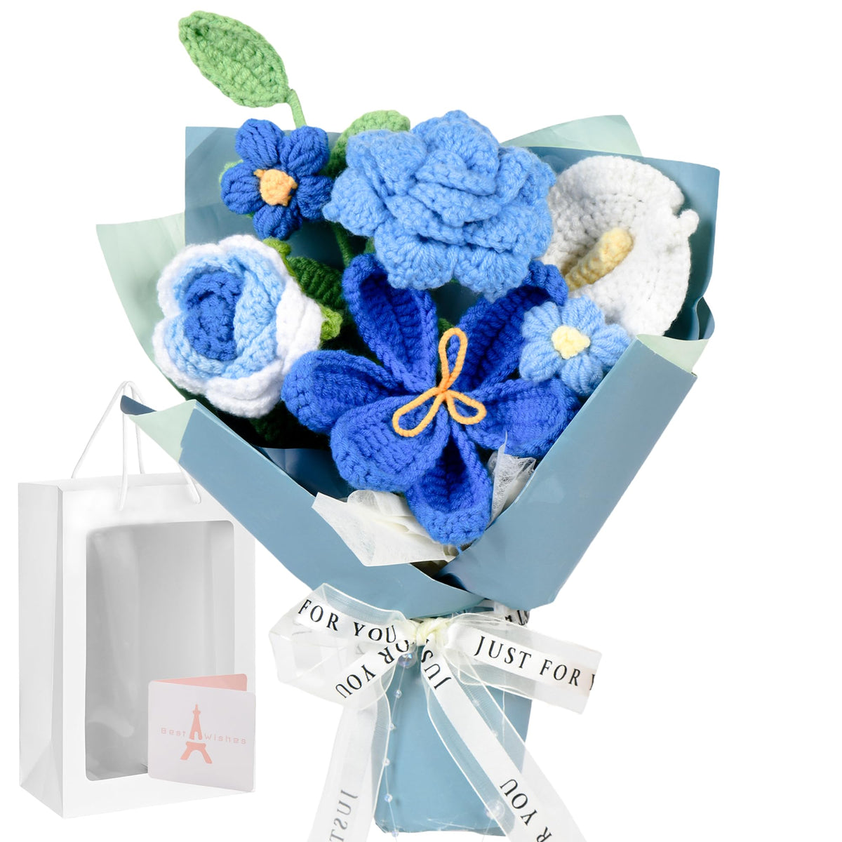 MengxFly crochet flower bouquet blue front view, lasting gift with low maintenance.