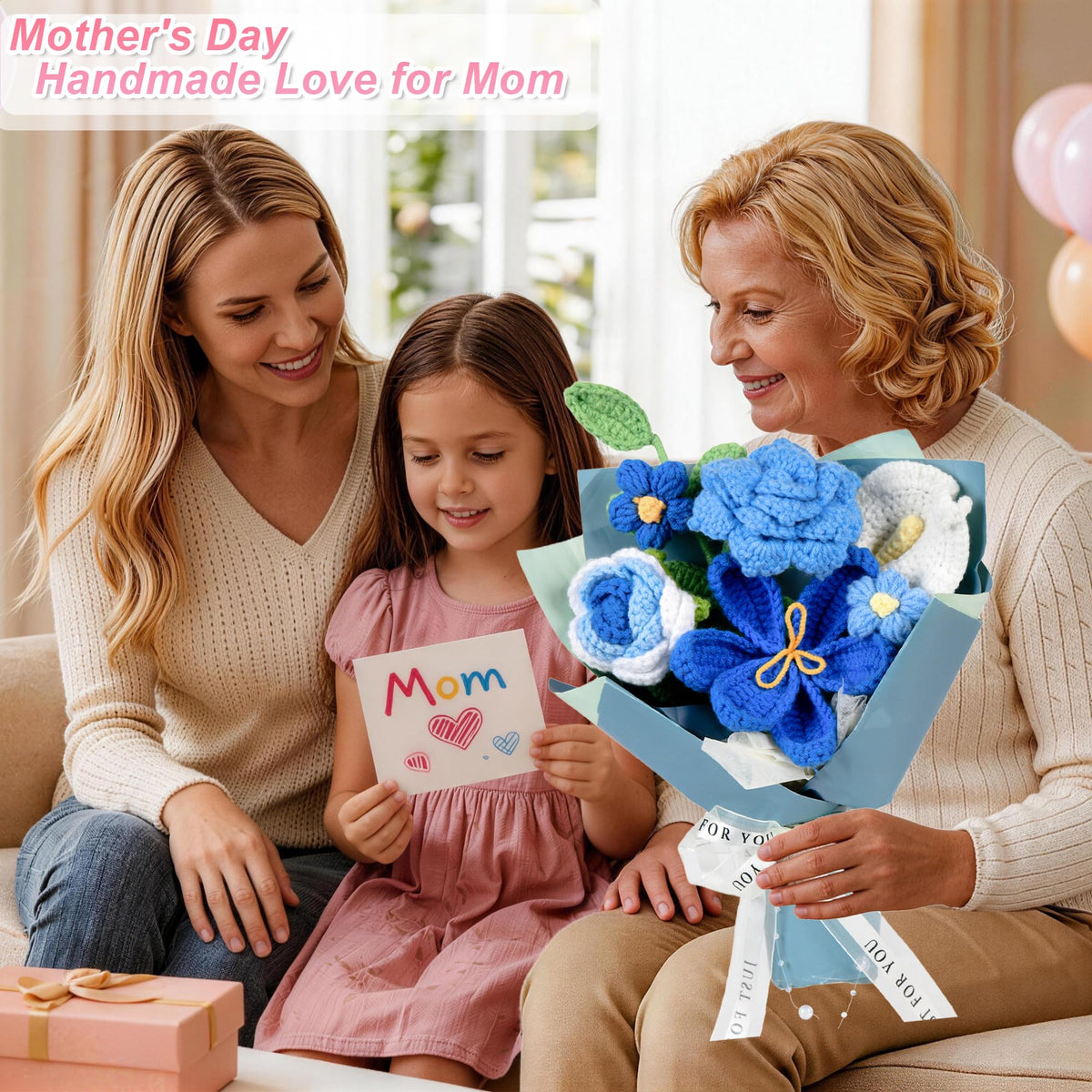 MengxFly crochet flower bouquet blue in gift box ideal for celebrations.