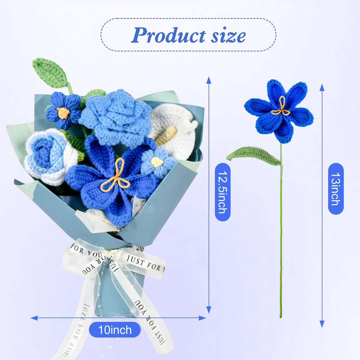 MengxFly crochet flower bouquet blue in room setting complements desk or shelf decor.