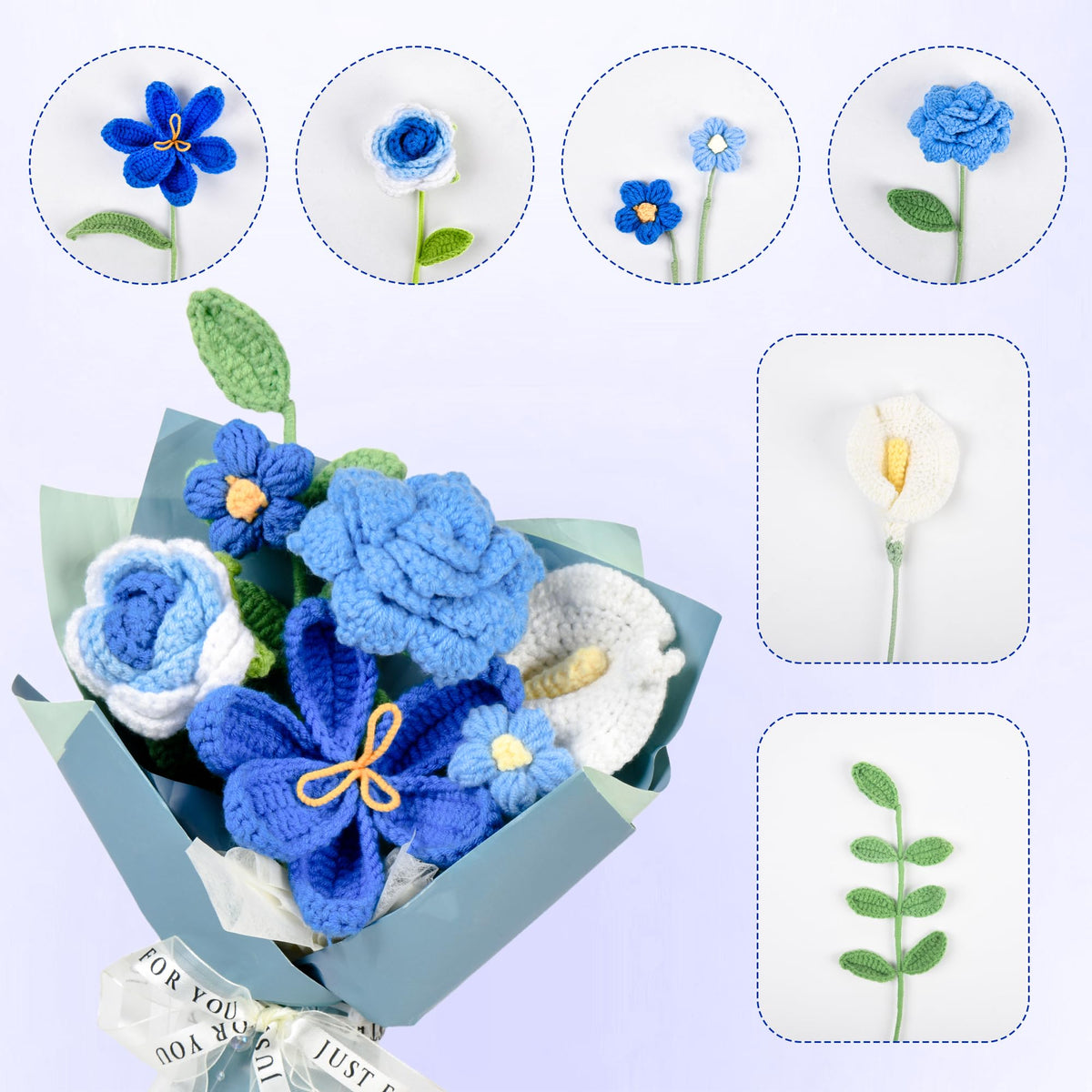 MengxFly crochet flower bouquet blue packaging ready-to-gift with box and card.