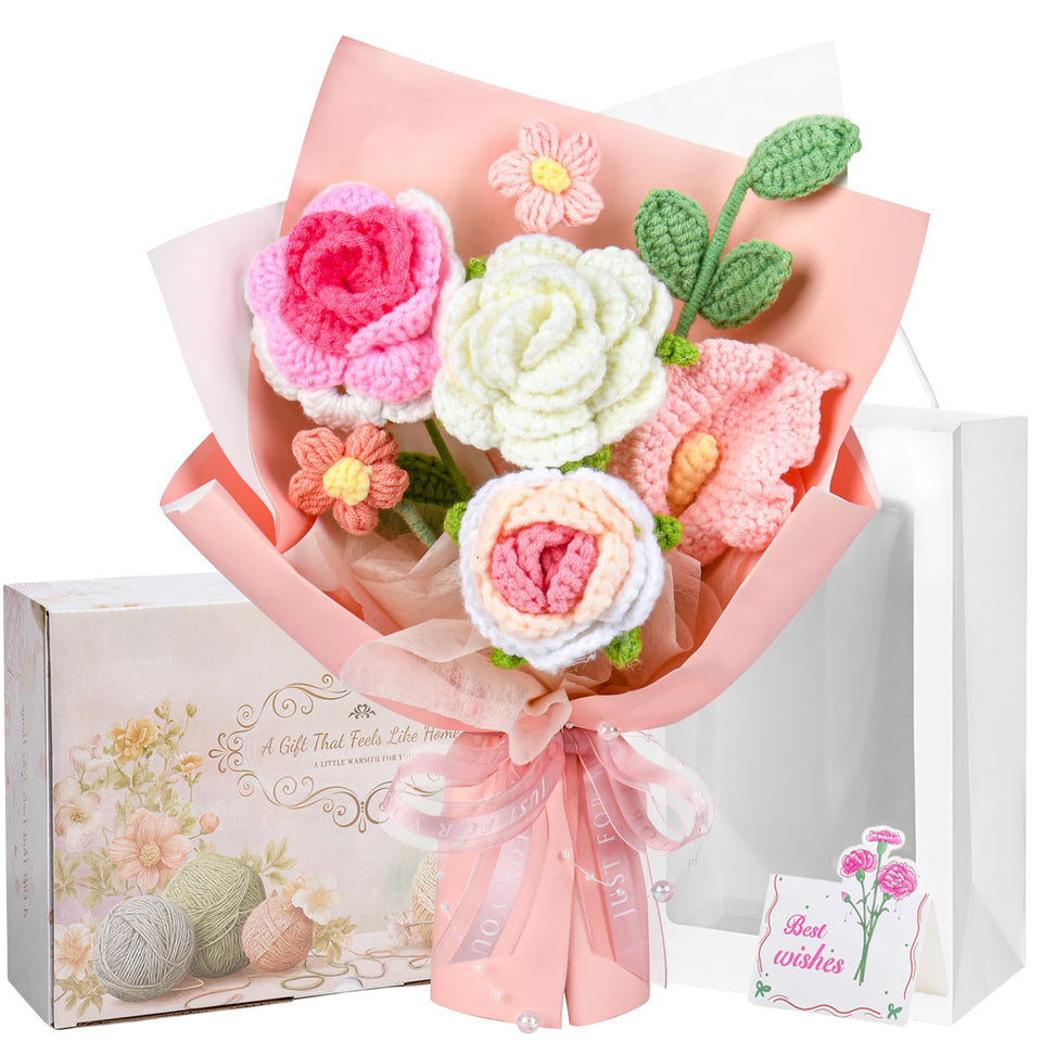 MengxFly pink crochet flower bouquet, lasting decorative piece for home and gifting