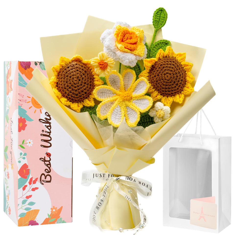 MengxFly crochet bouquet with sunflowers enhances home decor with cheerful charm.