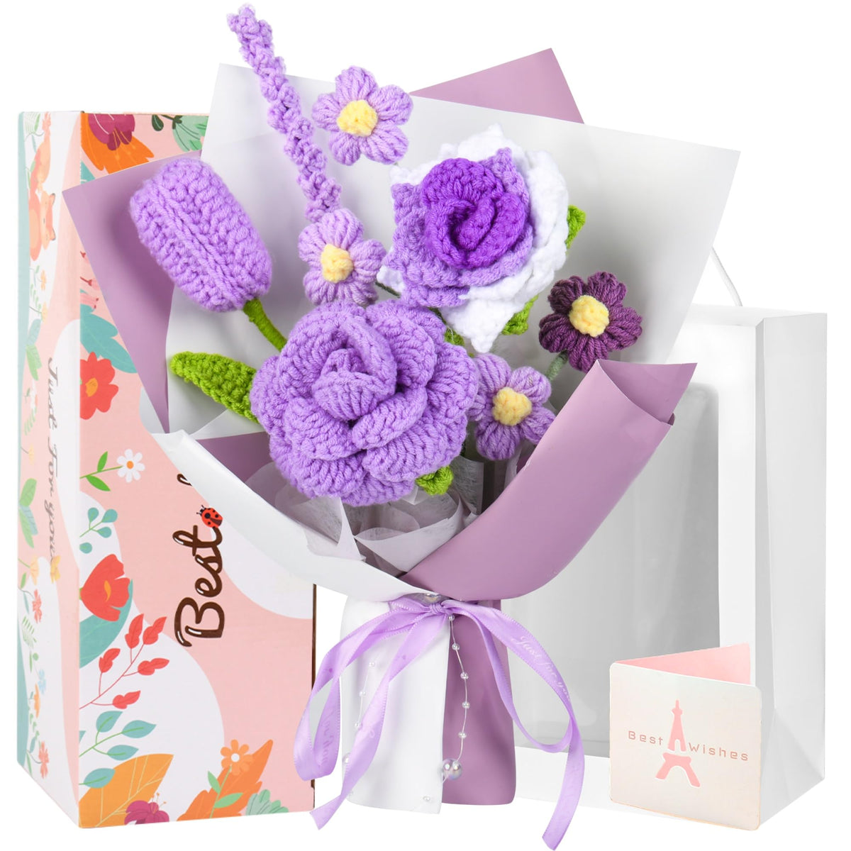 MengxFly purple crochet flower bouquet assembled for elegant gift-ready display.