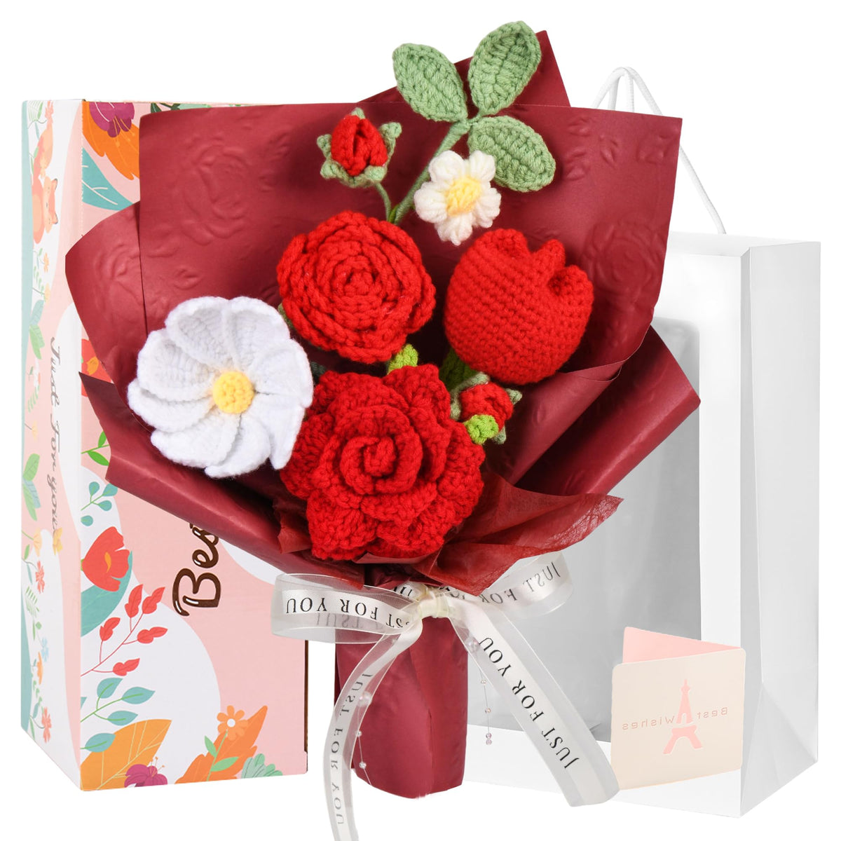 MengxFly red crochet flowers bouquet for a timeless romantic gift.