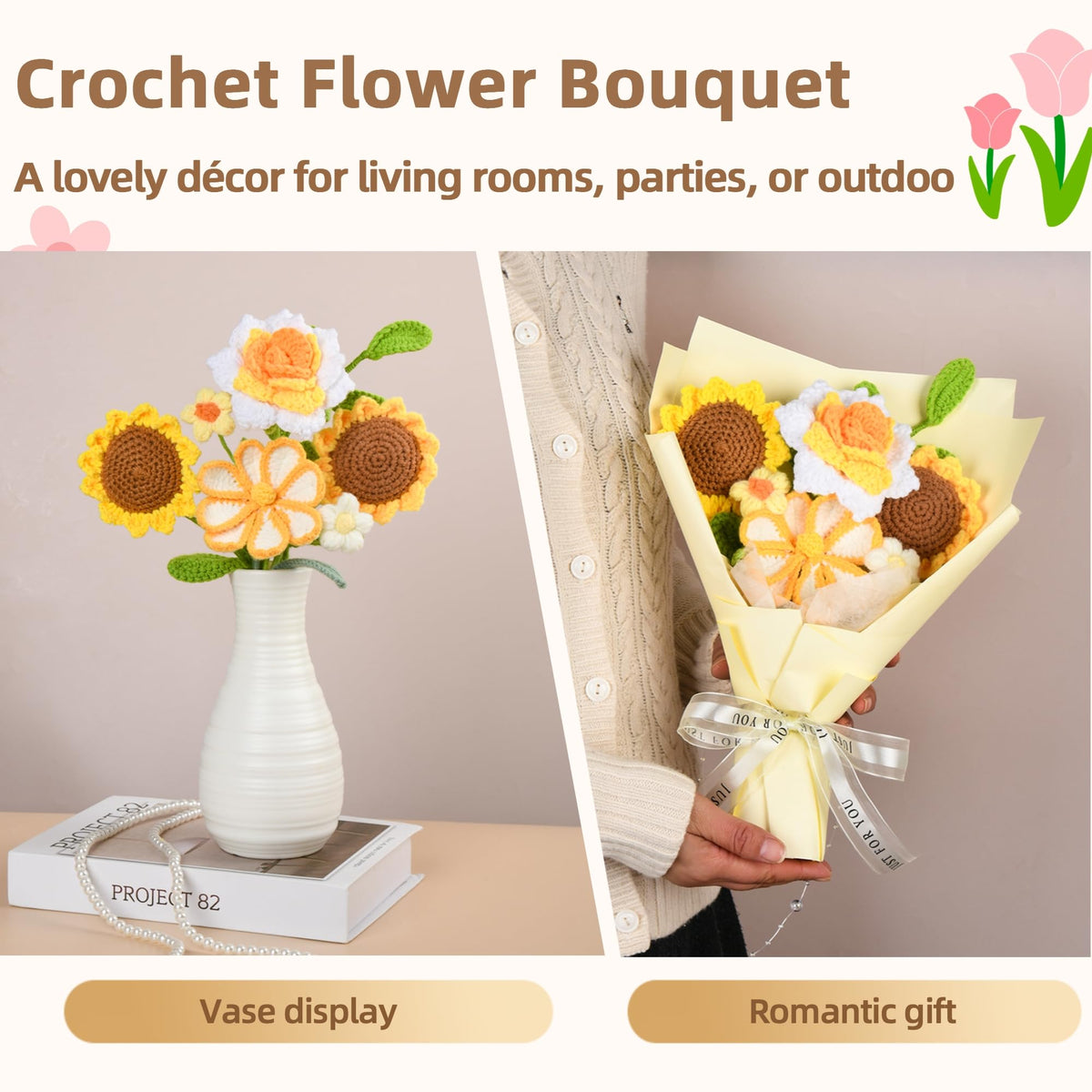 MengxFly yellow crochet rose bouquet adds warm color for gifting occasions.