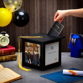 Menkxi graduation hat box features yellow tassel topper for festive appeal