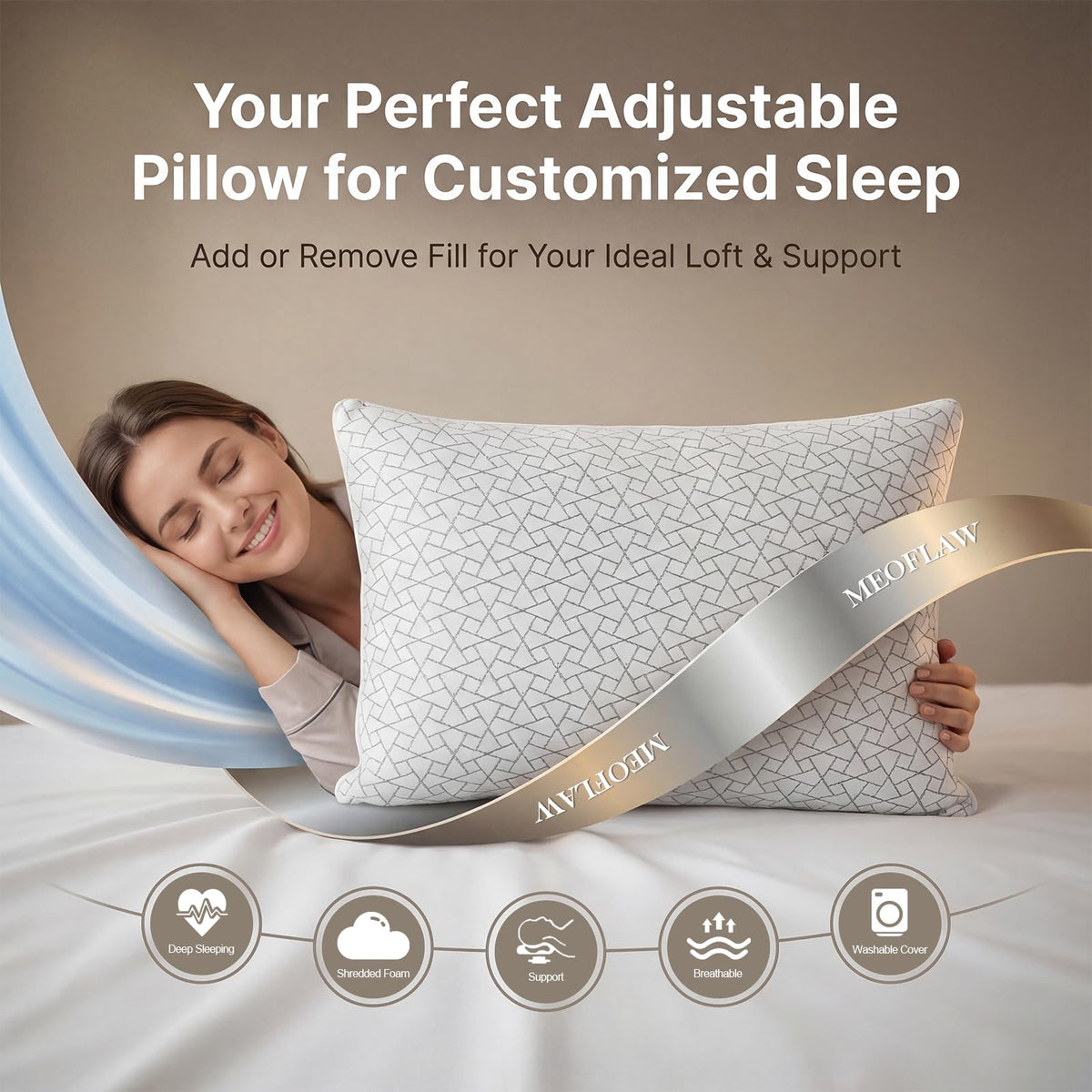 Meoflaw adjustable-zipper pillow demonstrates easy loft customization for all sleep positions