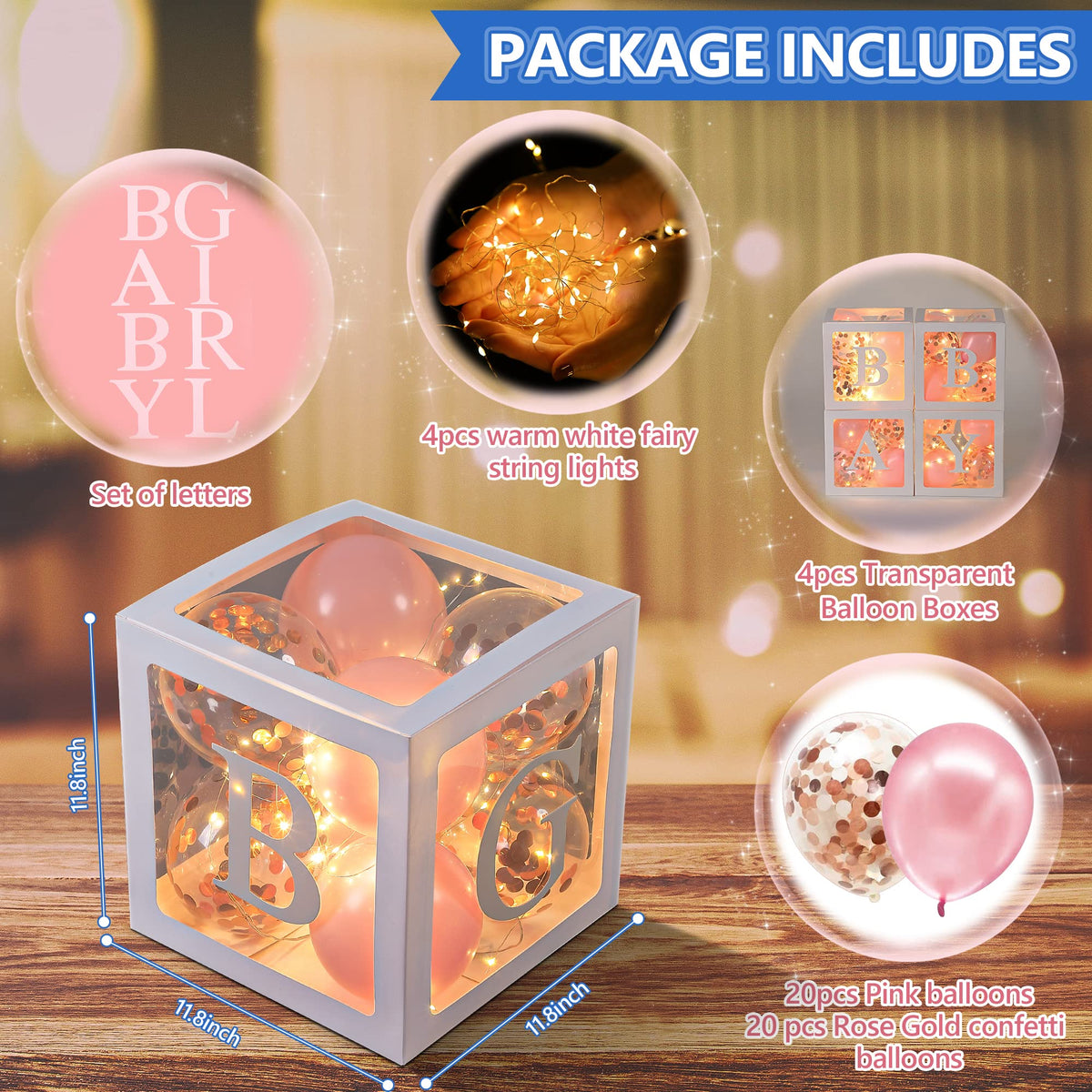 Meonum LED fairy string lights add warm ambience to balloon boxes.