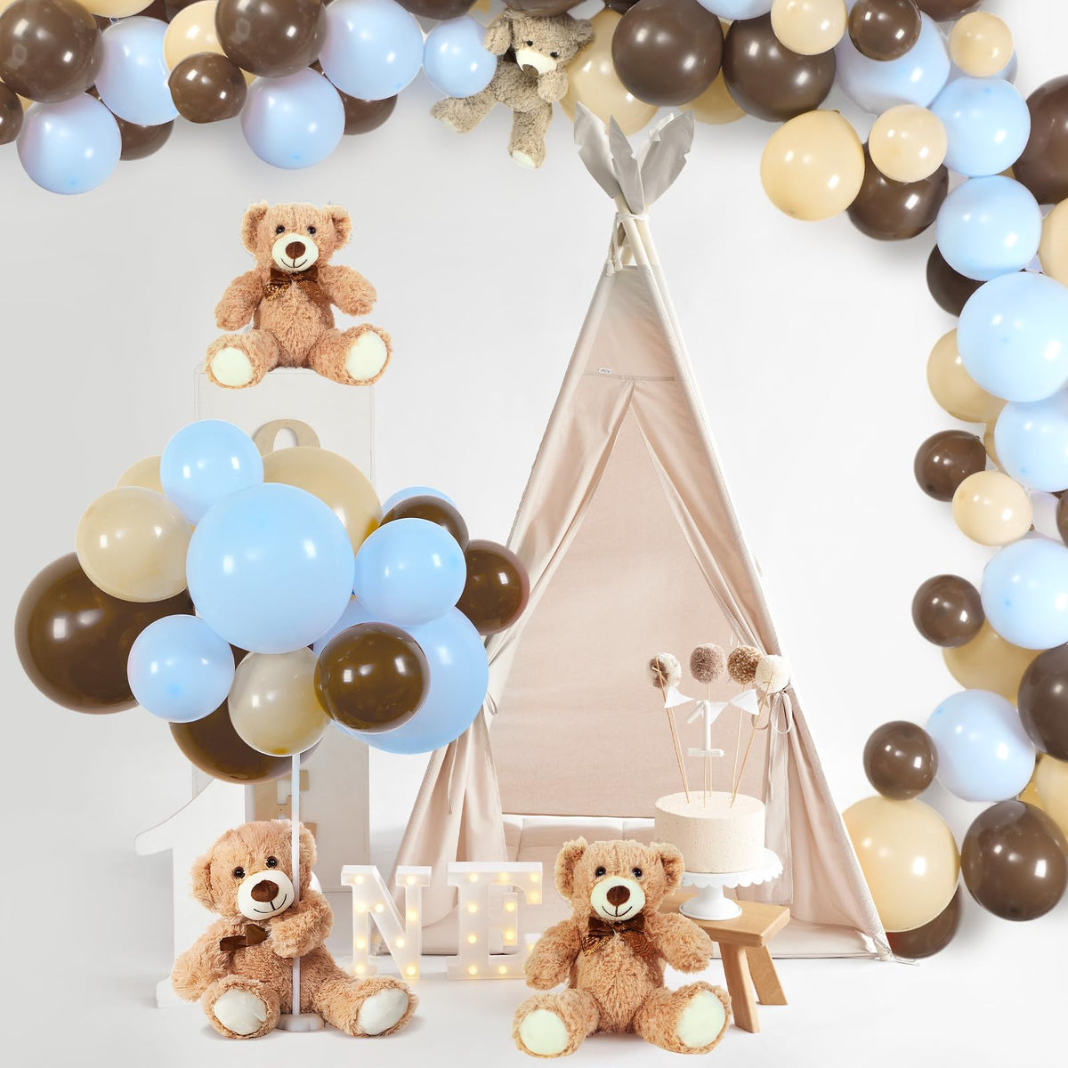 Meooeck balloons in brown, nude and blue for party setup