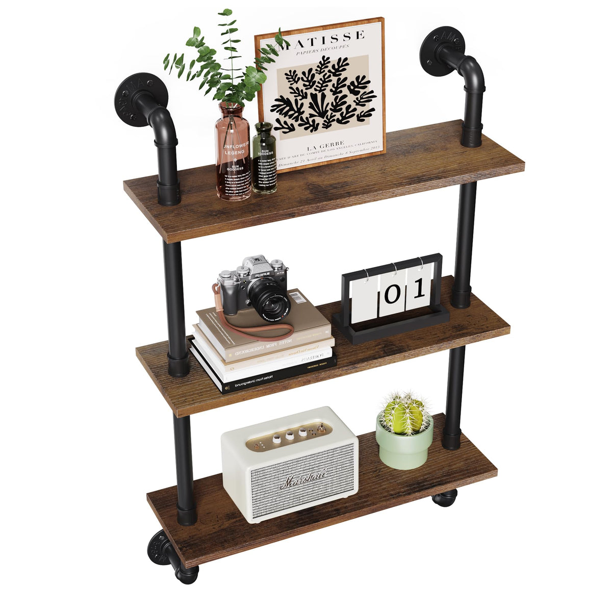 Merapi 24-inch industrial floating shelves with pipe frame for sturdy display and easy mounting.