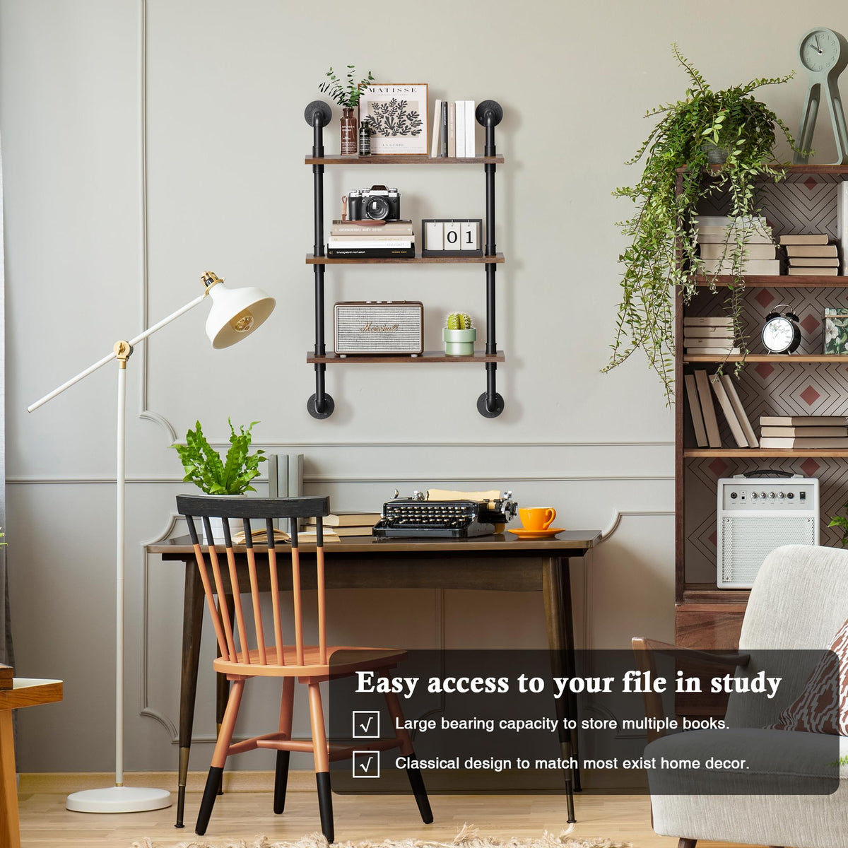 Merapi three-tier rustic wood wall shelves ideal for books, decor, and organization.