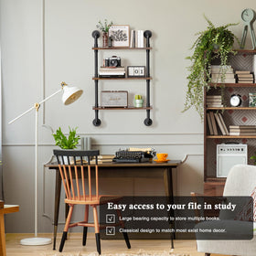 Merapi three-tier rustic wood wall shelves ideal for books, decor, and organization.