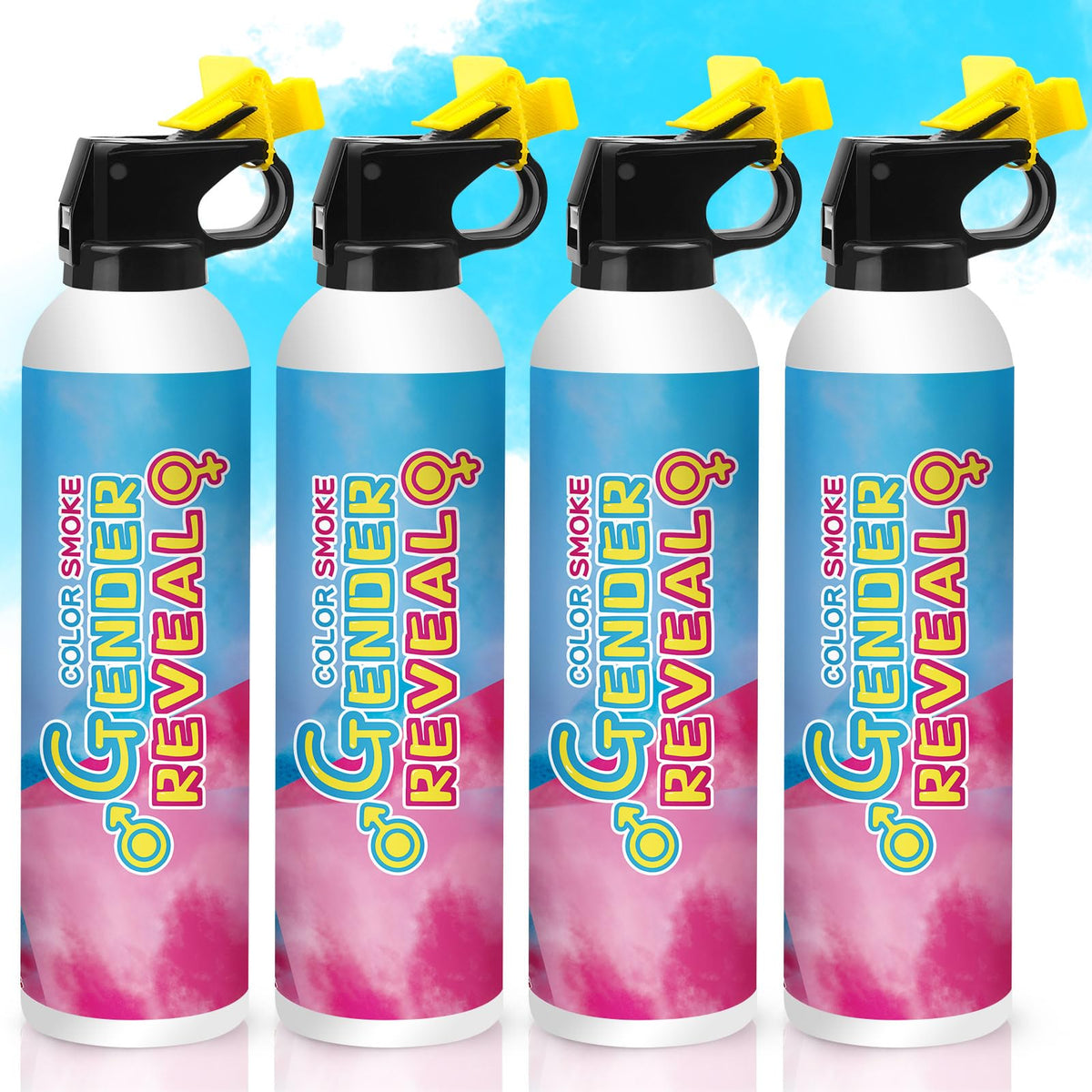 Merear gender reveal blue extinguisher 4-pack ready for dramatic color spray at your party.