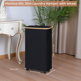 Merkisa narrow laundry hamper with lid minimizes odor spread during storage.