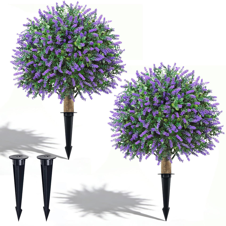 MERRI GLOW 24-inch artificial boxwood topiary trees with metal stake for durable outdoor decor
