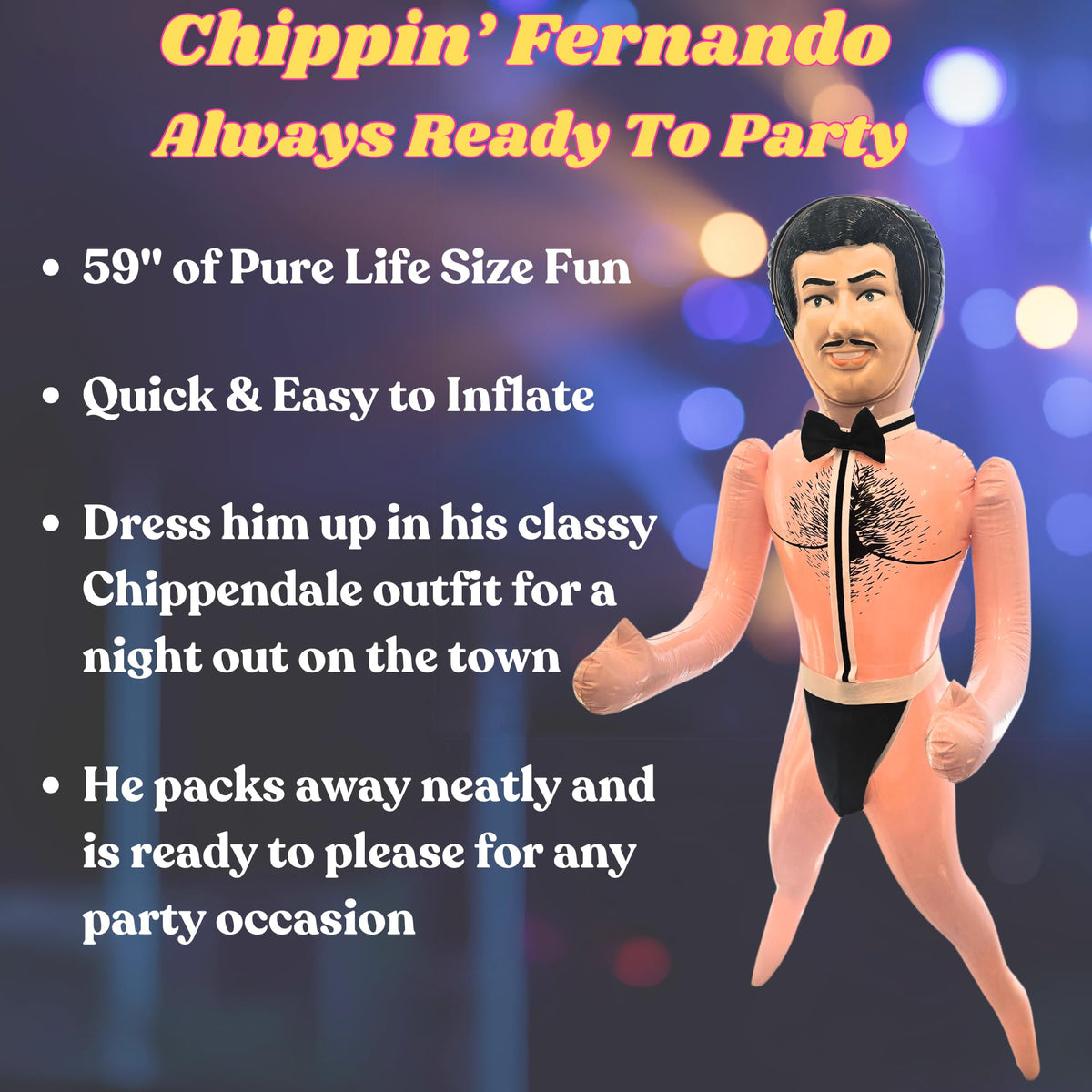 Merrimix Fernando inflatable doll packaging showing easy setup and transport.